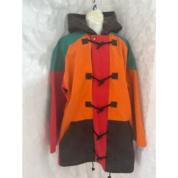 VTG 90's LONG Canvas COLOR BLOCK Duffel Coat Hip Hop Hooded COLORFUL Heavy - Picture 4 of 14